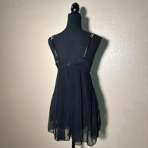 Delicates Black Cream Lace Babydoll Cottagecore Fairy Satin Bow Lingerie Dress - Picture 4 of 6